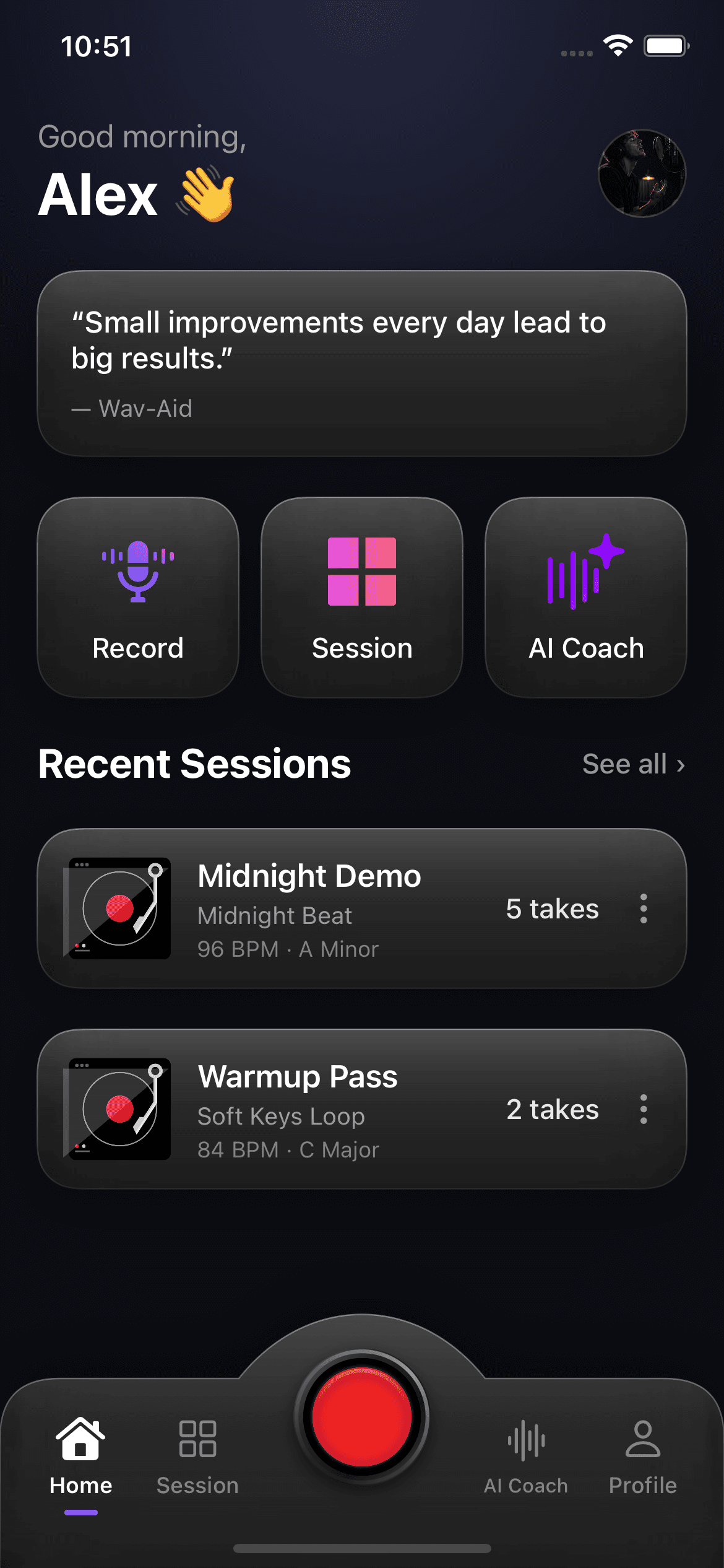 Wav-Aid home screen with recent sessions Midnight Demo and Warmup Pass