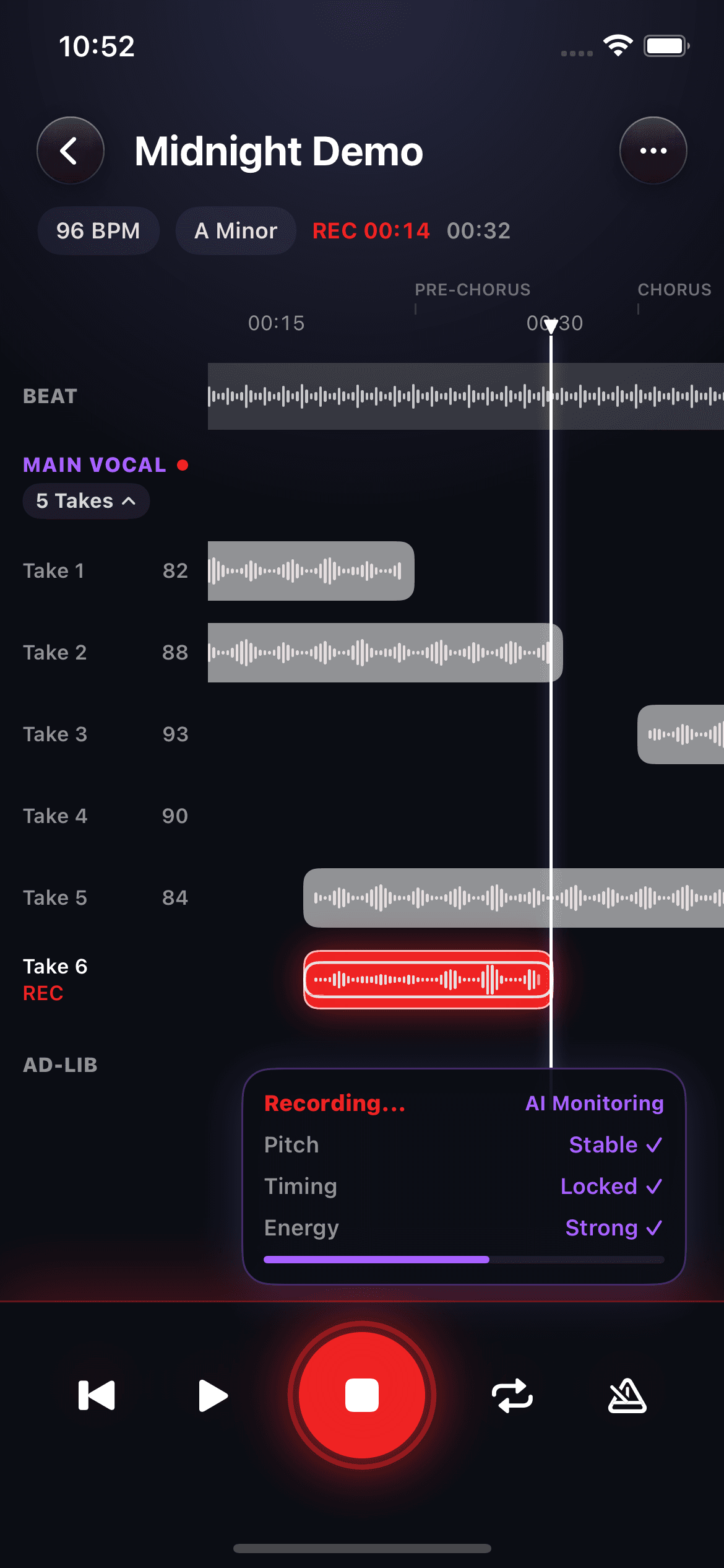 Recording screen with Take 6 in red and AI monitoring for pitch, timing, and energy