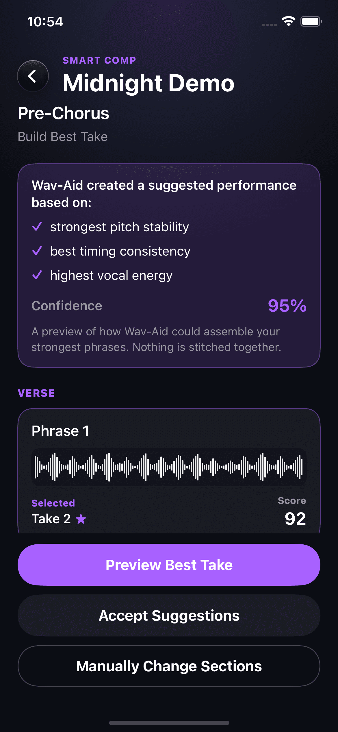 Smart Comp suggesting Phrase 1 from Take 2 with a score of 92
