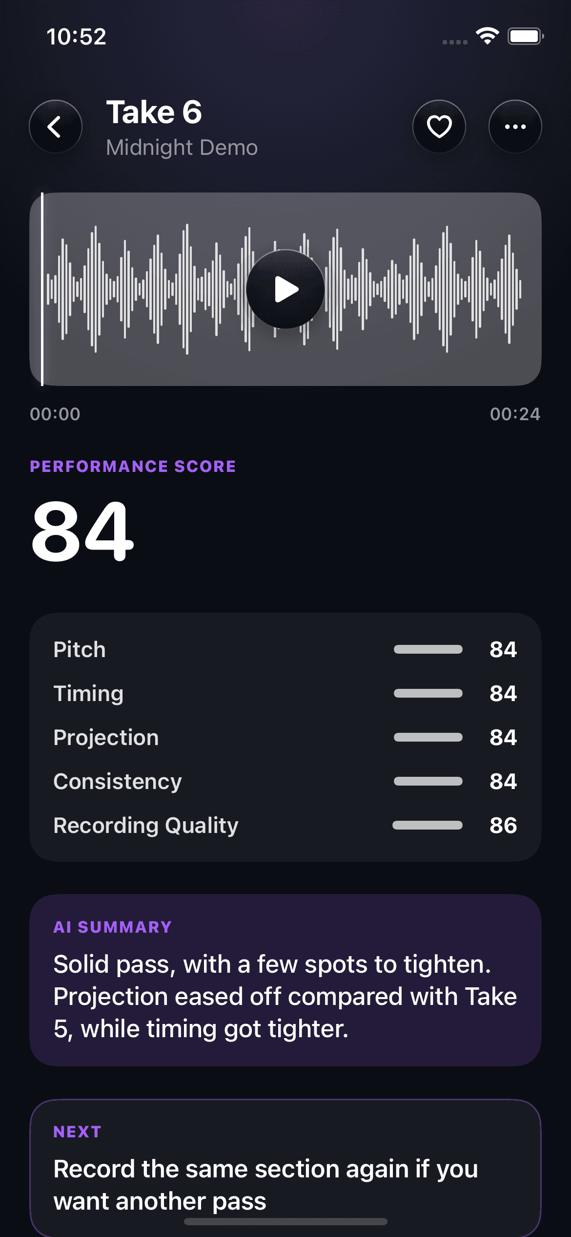 Take 6 analysis with a performance score of 84 and an AI summary