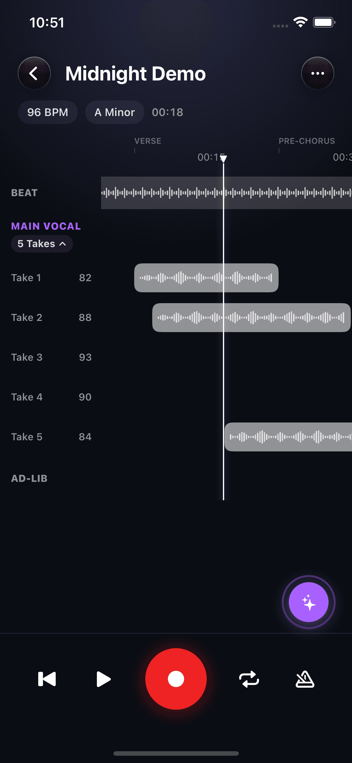Timeline studio for Midnight Demo with beat and main vocal takes